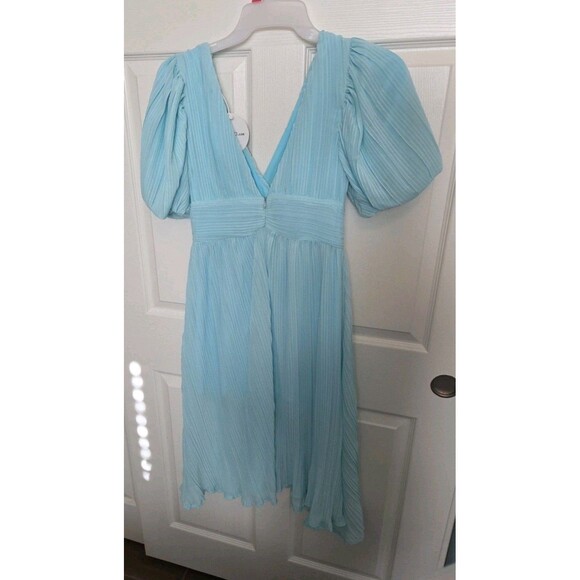 Boohoo Dress Sz 6 Pastel Blue Cinched Waist Puffy Sleeves Lined Polyester NWT - Picture 6 of 13
